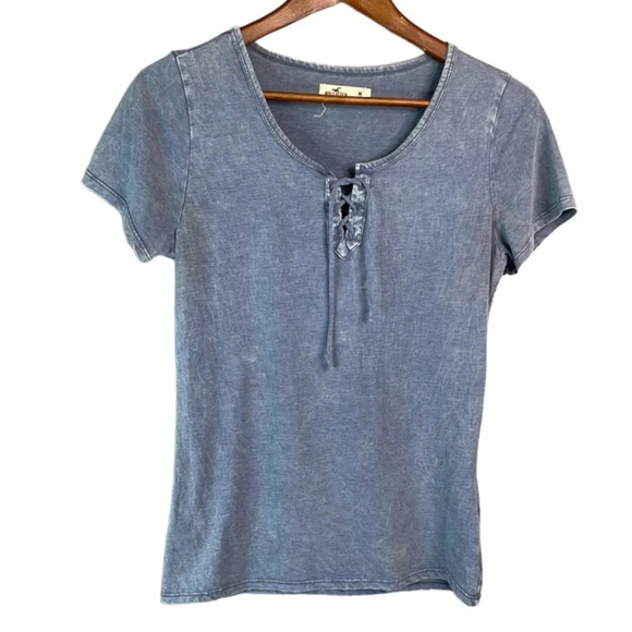 HOLLISTER Lace Up Tied T-Shirt Blue Short Sleeve Sunwashed M - Picture 10 of 10